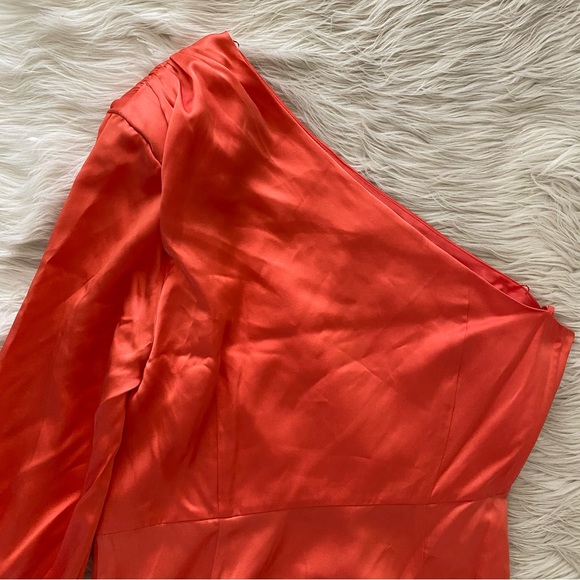 Cinq a Sept Neon Coral Satin Silk One Shoulder Stace Shirt Asymmetrical Blouse - Picture 10 of 14